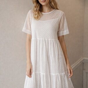 White polka dot Short Sleeve Sheer Midi Dress